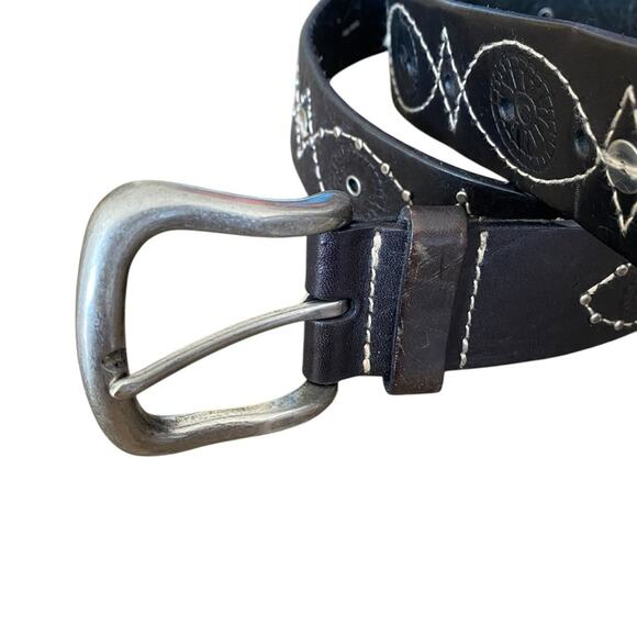 Fossil Black Leather Silver Buckle Embellished Boho Belt size large - Picture 2 of 7
